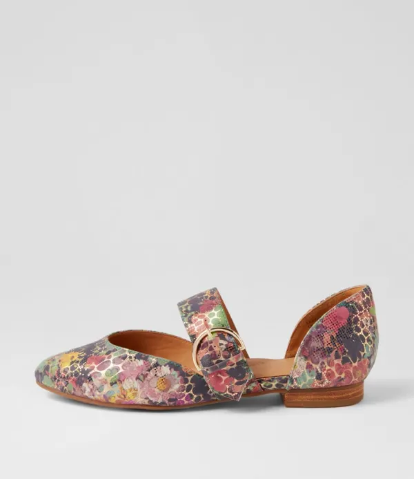 Women ZIERA Loraa W Green Floral Leather Flat Shoes
