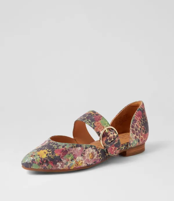 Women ZIERA Loraa W Green Floral Leather Flat Shoes