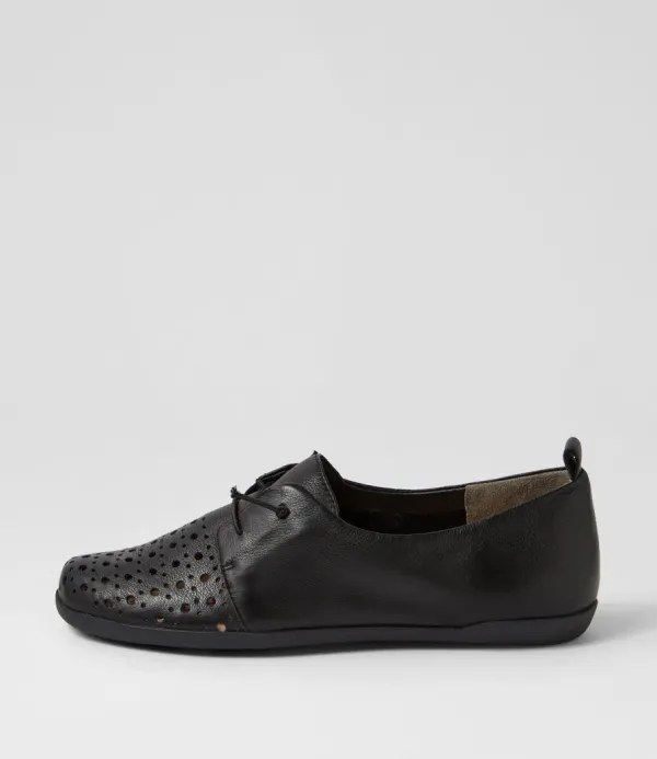 Women ZIERA Lothar W Black Leather Lace Up Flats