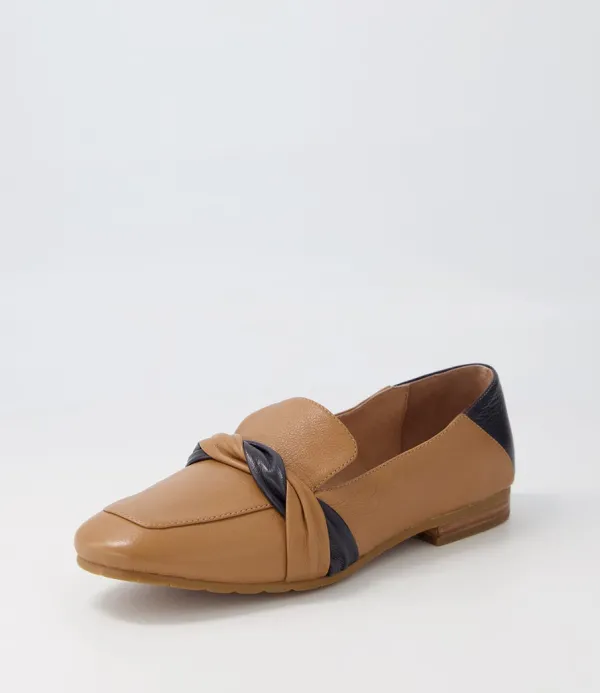Women TOP END Majorca Dark Tan Navy Leather Loafers