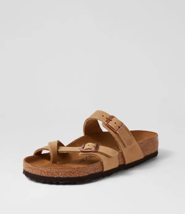 Women BIRKENSTOCK Mayari Tobacco Brown Oiled Leather Slides
