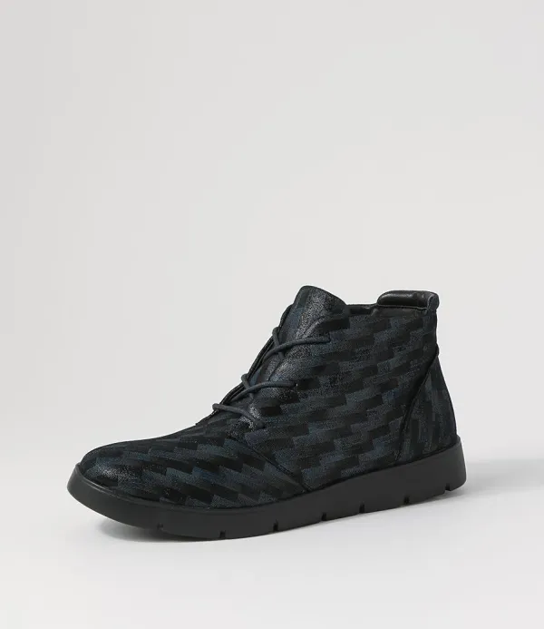 Women ZIERA Melbourne W Blue Tetris Leather Lace Up Boots