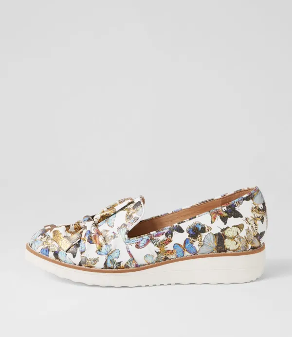 Women TOP END Oclem White Butterfly Leather Loafers