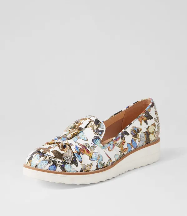 Women TOP END Oclem White Butterfly Leather Loafers