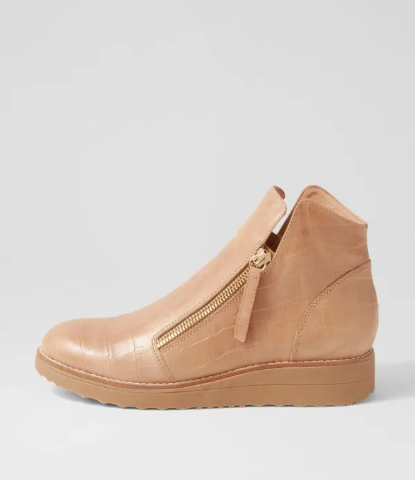 Women TOP END Ohmyes Latte Croc Leather Ankle Boots