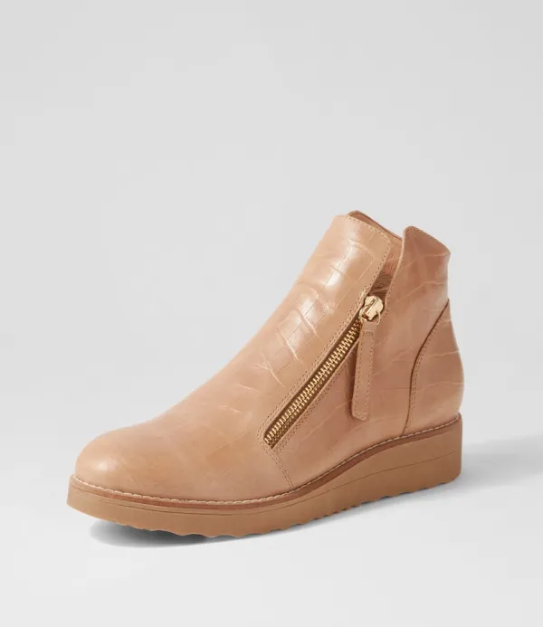 Women TOP END Ohmyes Latte Croc Leather Ankle Boots