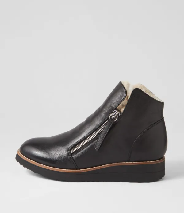 Women TOP END Opal Black Beige Leather Fur Ankle Boots
