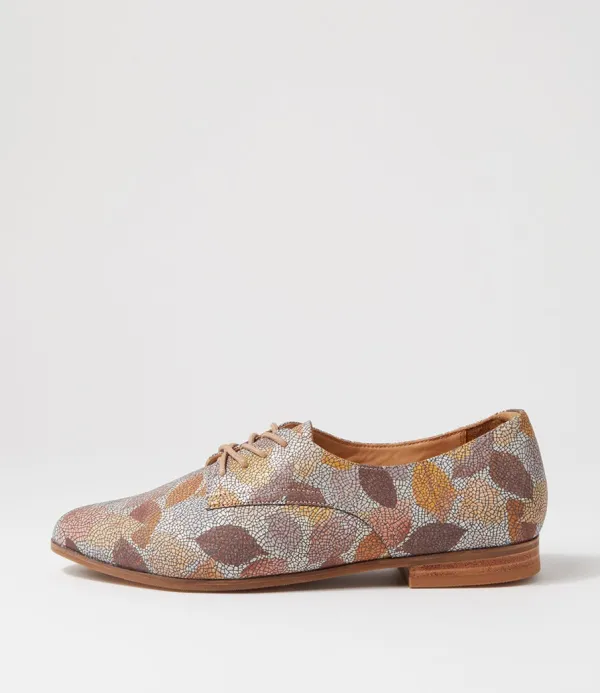 Women ZIERA Oscar Xf Tan Leaf Multi Leather Lace Up Flats