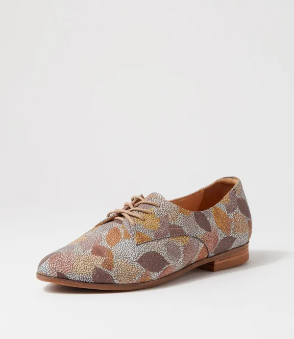 Women ZIERA Oscar Xf Tan Leaf Multi Leather Lace Up Flats
