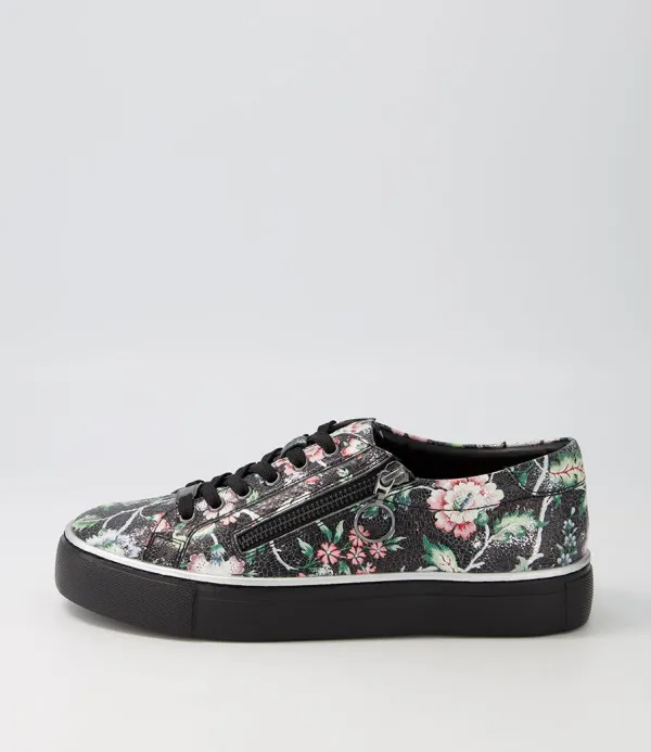 Women ZIERA Pamela Xf Black Floral Leather Sneakers