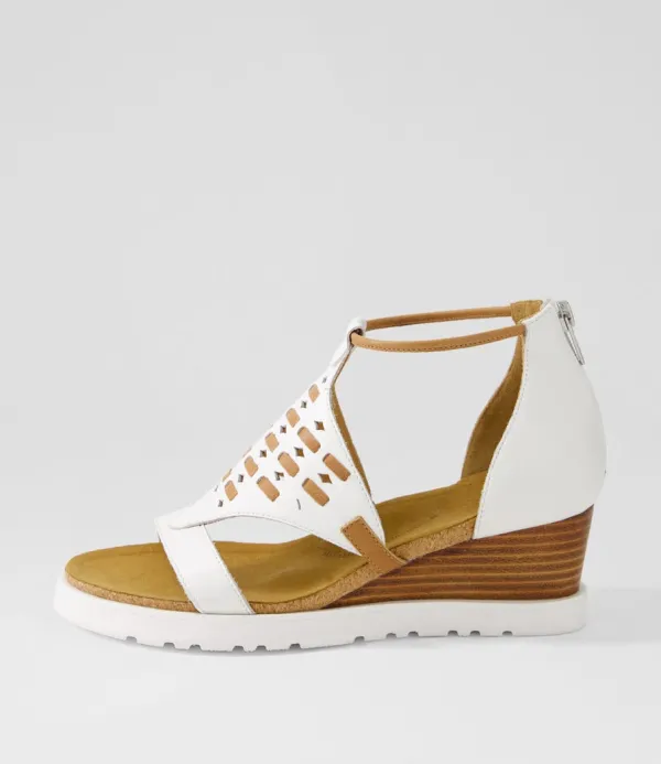 Women ZIERA Pamilla W White Tan Leather Sandals