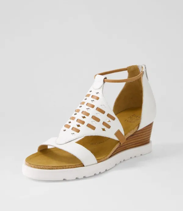 Women ZIERA Pamilla W White Tan Leather Sandals