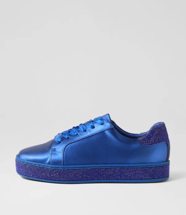 Women TOP END Pluma Cobalt Satin Leather Jewels Lace Up Flats