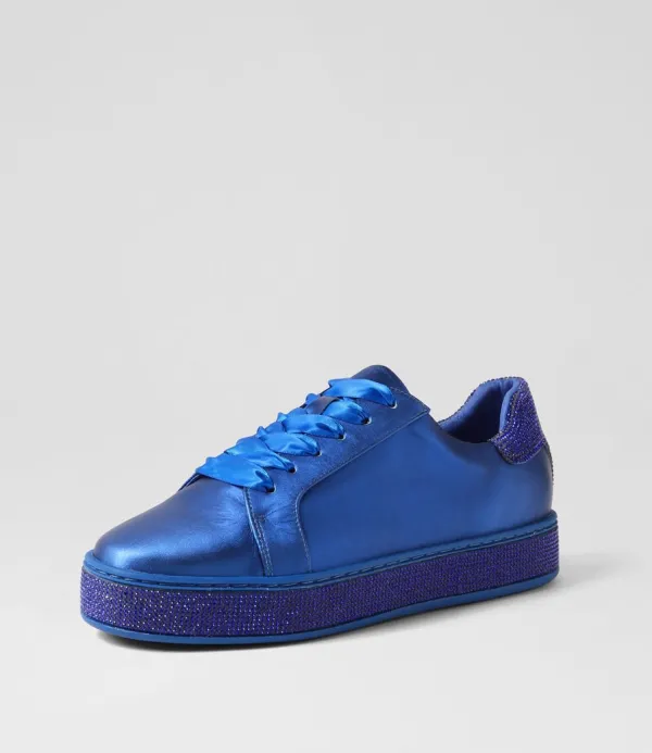 Women TOP END Pluma Cobalt Satin Leather Jewels Lace Up Flats