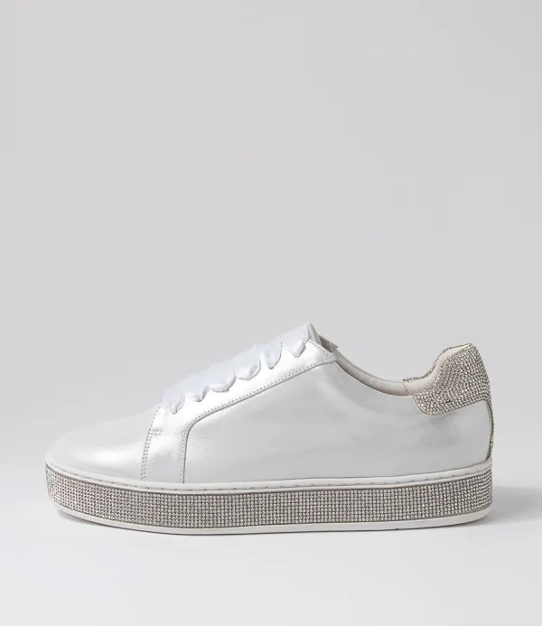 Women TOP END Pluma White Shimmer Silver Leather Jewels Sneakers