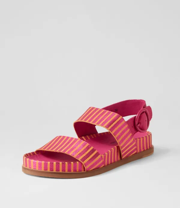 Women DJANGO & JULIETTE Quffle Fuchsia Orange Stripe Leather Sandals