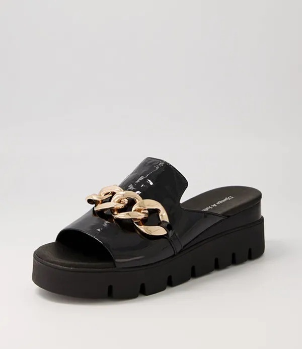 Women DJANGO & JULIETTE Rablise Black Patent Sole Slides
