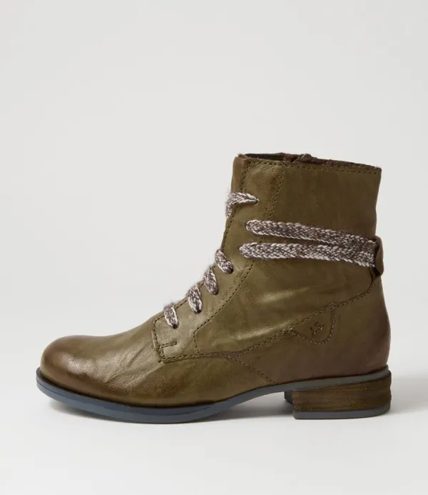 Women JOSEF SEIBEL Sanja 18 Olive Leather Lace Up Boots