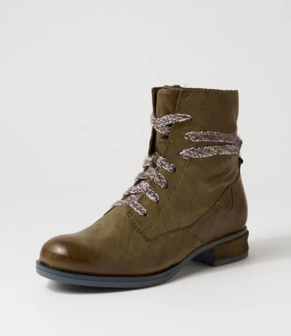 Women JOSEF SEIBEL Sanja 18 Olive Leather Lace Up Boots