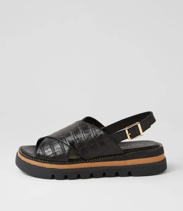Women DJANGO & JULIETTE Sasi Black Croc Leather Sandals