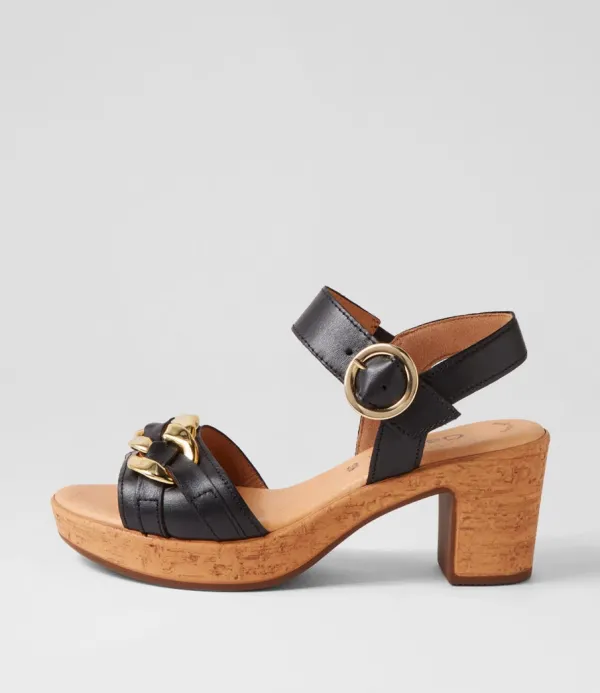 Women GABOR Sente Schwarz Gold Leather Sandals