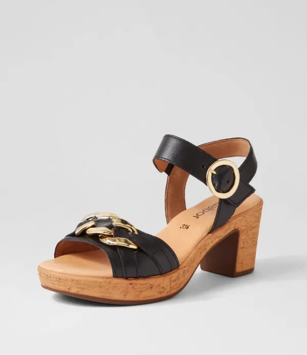 Women GABOR Sente Schwarz Gold Leather Sandals