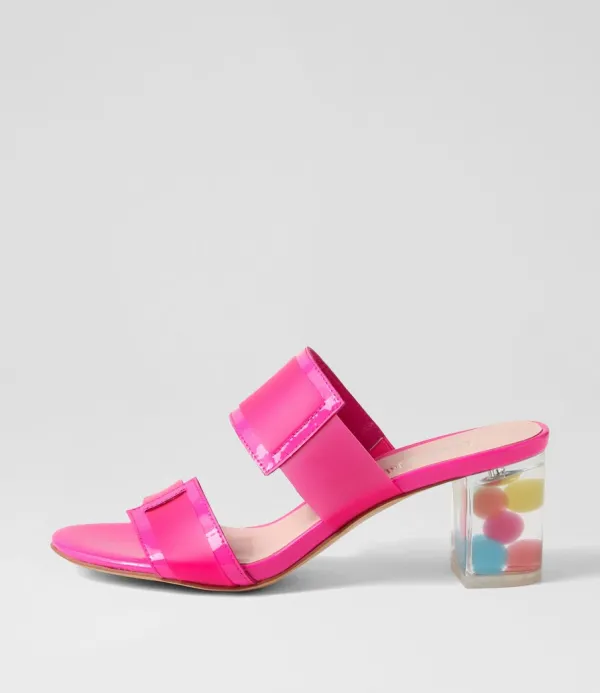 Women DJANGO & JULIETTE Sistel Hot Pink New Bubble Patent Vinylite Mules