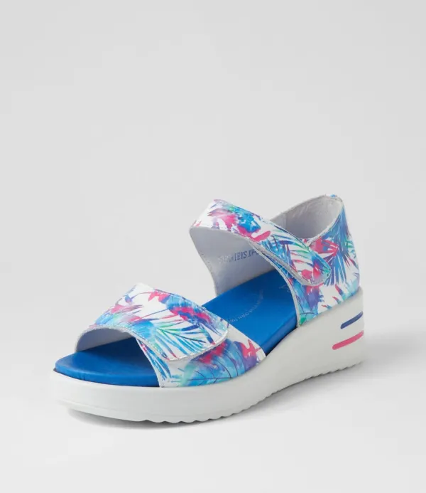 Women ZIERA Sunnieys Xw Blue Palms Leather Sandals