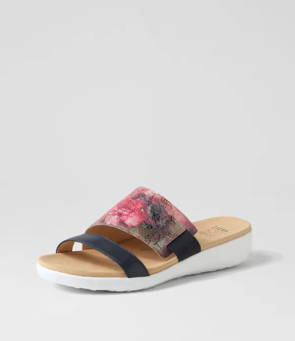 Women ZIERA Uccoe W Navy Fuchsia Floral Leather Slides