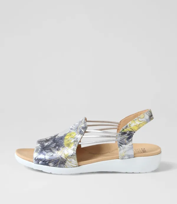 Women ZIERA Udhays W Navy Silver Floral Leather Elastic Sandals