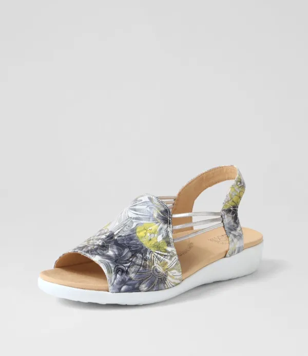 Women ZIERA Udhays W Navy Silver Floral Leather Elastic Sandals