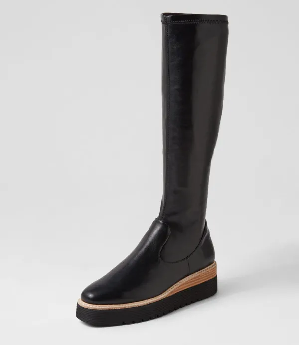 Women TOP END Udoe Black Natural Veneer Stretch Knee High Boots