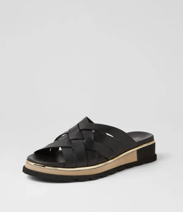 Women TOP END Ulysza Black Leather Slides