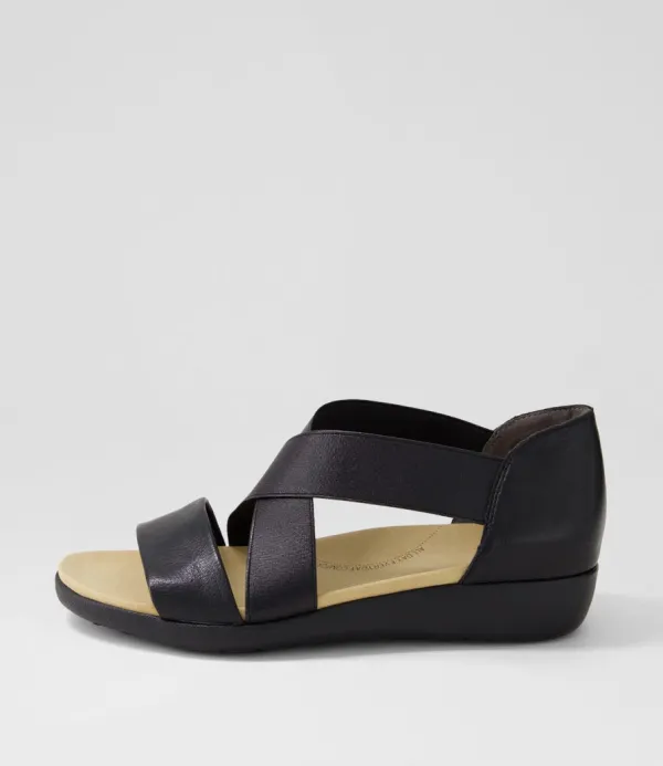 Women ZIERA Umato W Black Metallic Leather Elastic Sandals