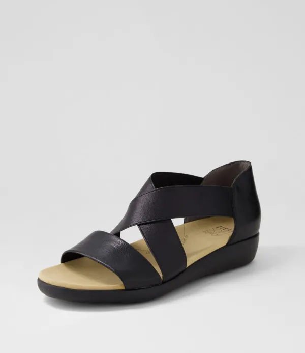 Women ZIERA Umato W Black Metallic Leather Elastic Sandals