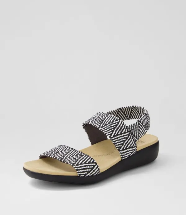 Women ZIERA Usaid W Black Beige Woven Elastic Sandals