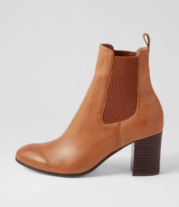 Women TOP END Usset Cognac Choc Elastic Leather Ankle Boots