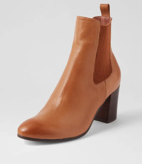 Women TOP END Usset Cognac Choc Elastic Leather Ankle Boots