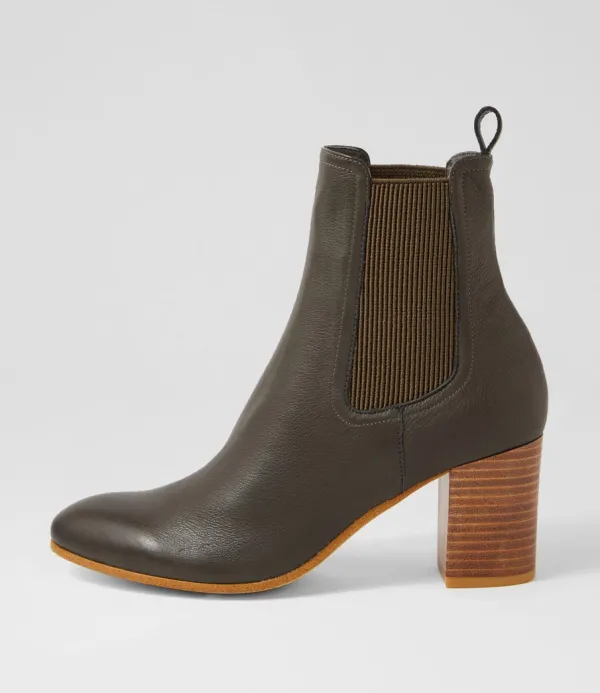 Women TOP END Usset Olive Elastic Leather Ankle Boots