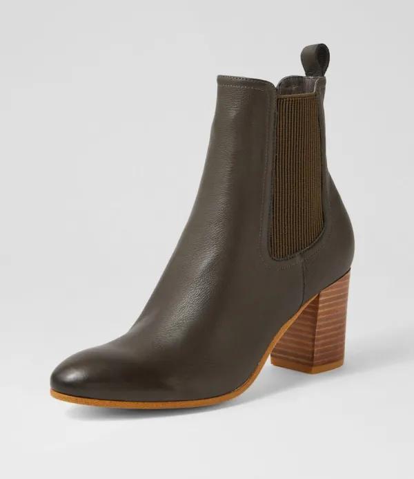 Women TOP END Usset Olive Elastic Leather Ankle Boots