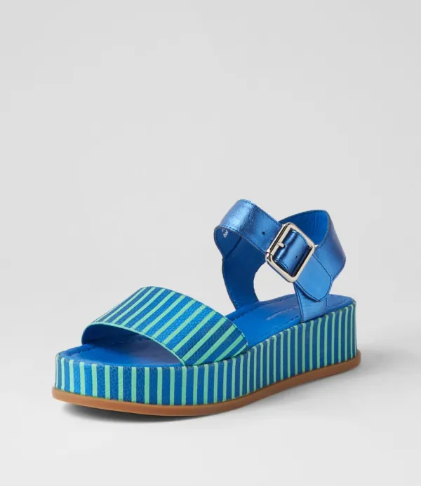 Women DJANGO & JULIETTE Wilburt Blue Emerald Stripe Leather Sandals
