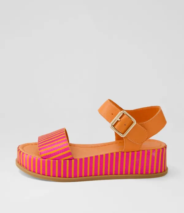Women DJANGO & JULIETTE Wilburt Fuchsia Orange Stripe Leather Sandals