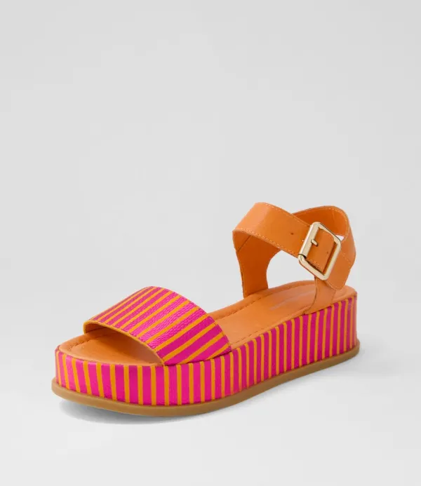 Women DJANGO & JULIETTE Wilburt Fuchsia Orange Stripe Leather Sandals