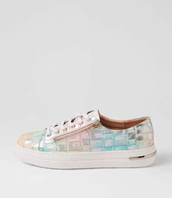 Women DJANGO & JULIETTE Wovi Pink Croc Print White Leather Sneakers