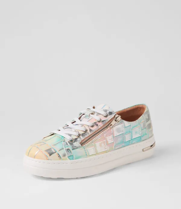 Women DJANGO & JULIETTE Wovi Pink Croc Print White Leather Sneakers
